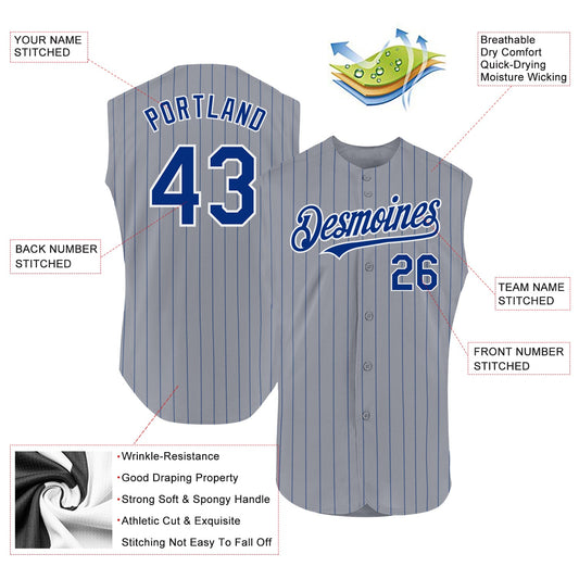 Custom Gray Royal Pinstripe White Authentic Sleeveless Baseball Jersey - Sky-Custom