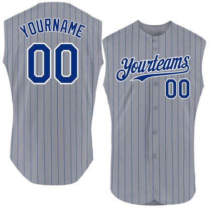 Custom Gray Royal Pinstripe White Authentic Sleeveless Baseball Jersey - Sky-Custom