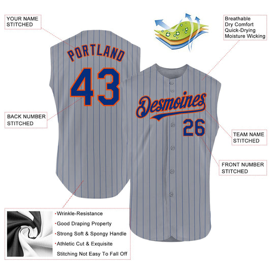 Custom Gray Royal Pinstripe Orange Authentic Sleeveless Baseball Jersey - Sky-Custom