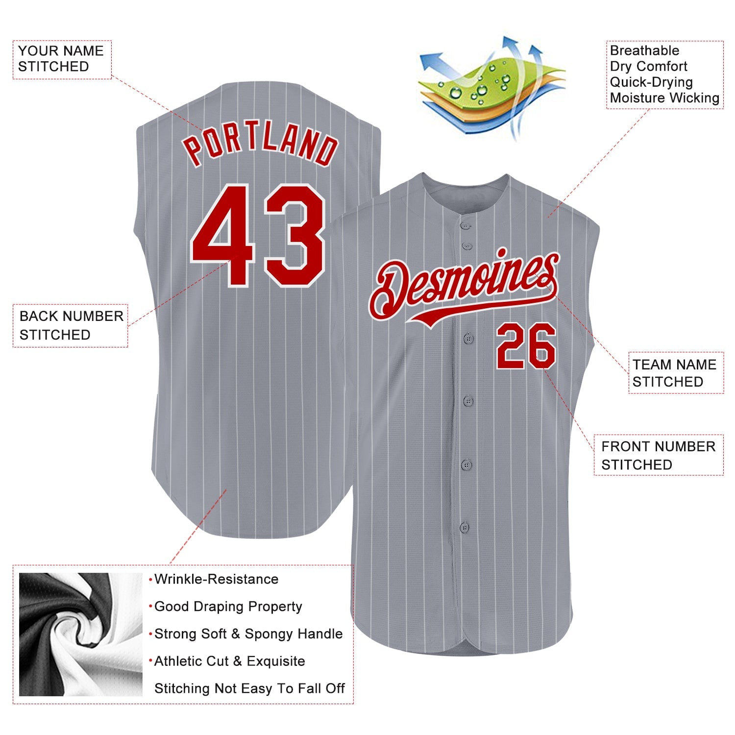 Custom Gray White Pinstripe Red Authentic Sleeveless Baseball Jersey - Sky-Custom