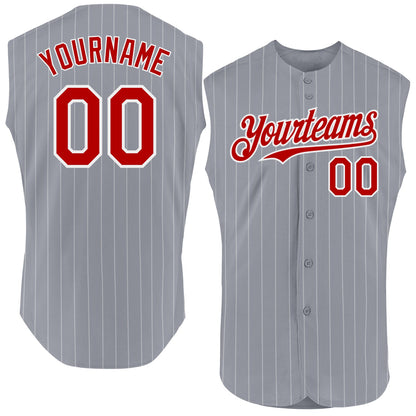 Custom Gray White Pinstripe Red Authentic Sleeveless Baseball Jersey - Sky-Custom