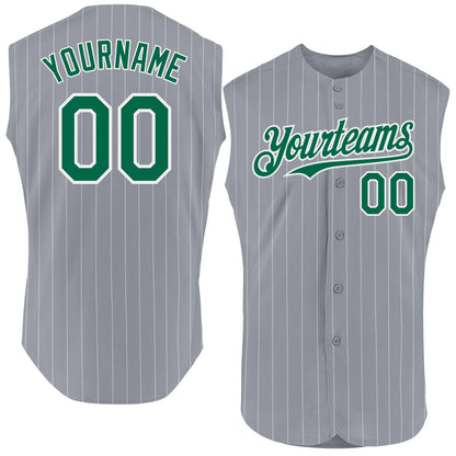 Custom Gray White Pinstripe Kelly Green Authentic Sleeveless Baseball Jersey - Sky-Custom