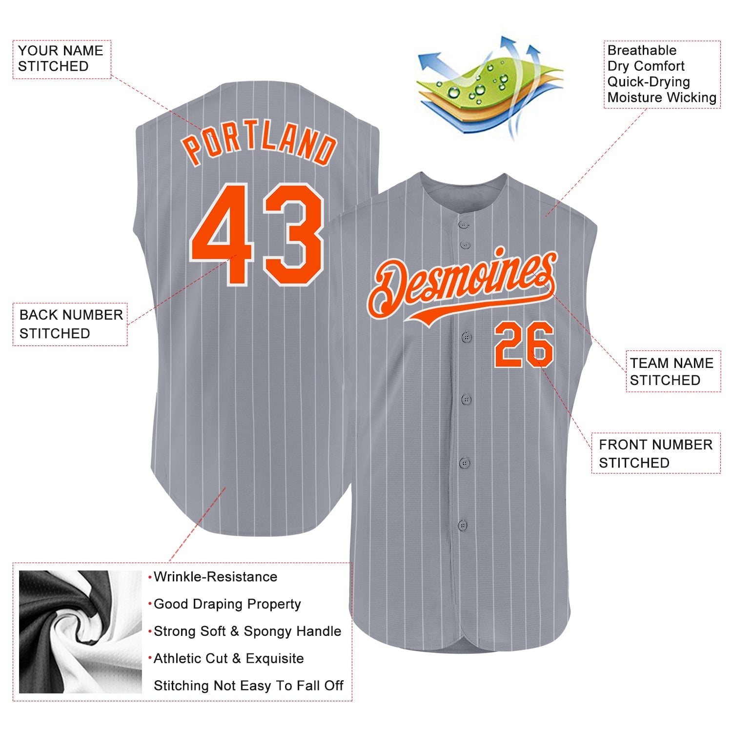 Custom Gray White Pinstripe Orange Authentic Sleeveless Baseball Jersey - Sky-Custom