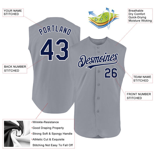 Custom Gray Navy-White Authentic Sleeveless Baseball Jersey - Sky-Custom