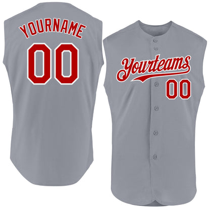 Custom Gray Red-White Authentic Sleeveless Baseball Jersey - Sky-Custom