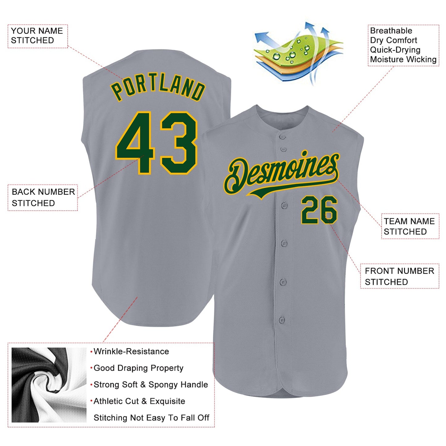 Custom Gray Green-Gold Authentic Sleeveless Baseball Jersey - Sky-Custom