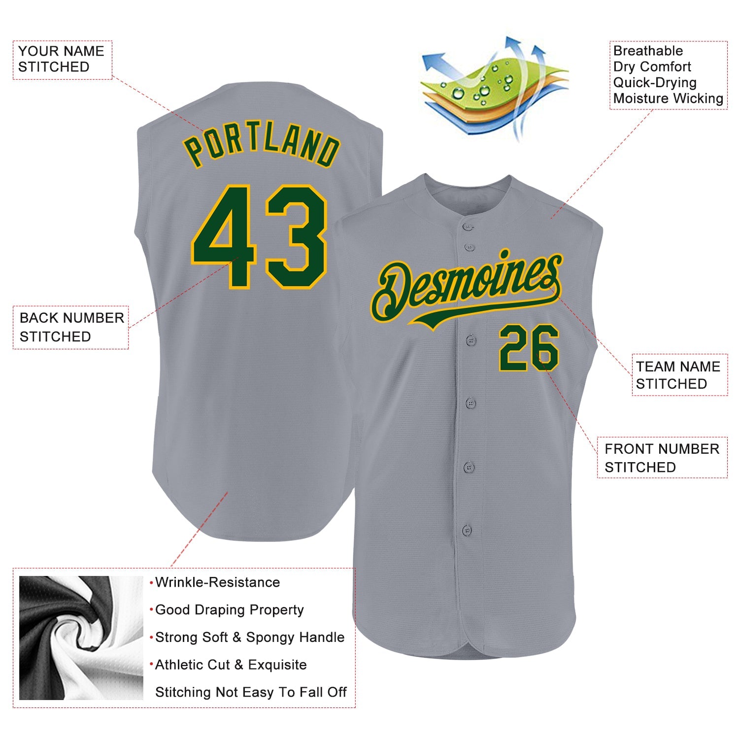 Custom Gray Green-Gold Authentic Sleeveless Baseball Jersey - Sky-Custom