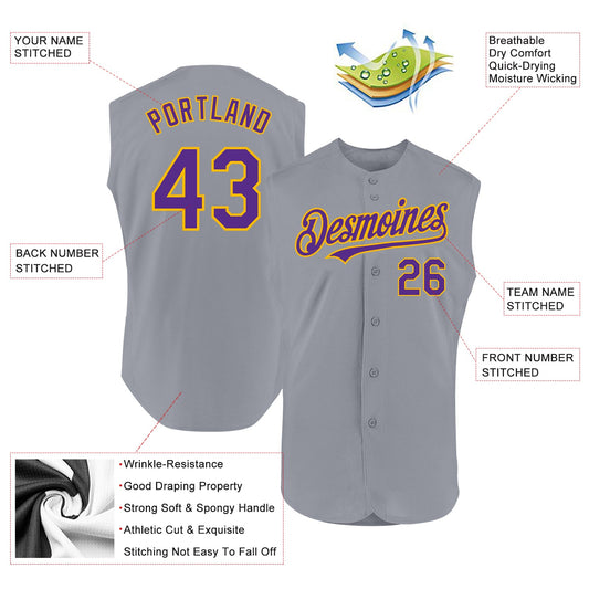 Custom Gray Purple-Gold Authentic Sleeveless Baseball Jersey - Sky-Custom