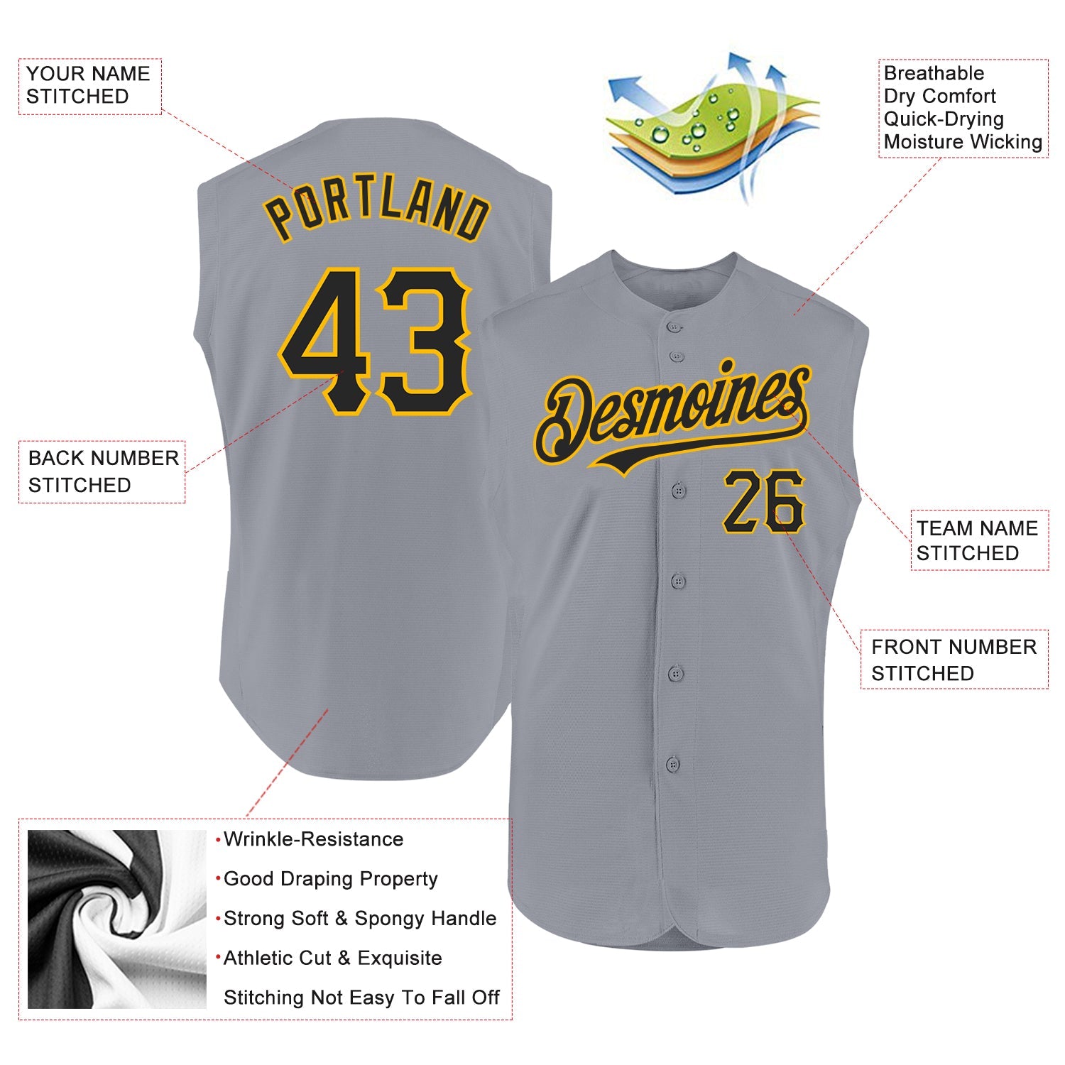 Custom Gray Black-Gold Authentic Sleeveless Baseball Jersey - Sky-Custom