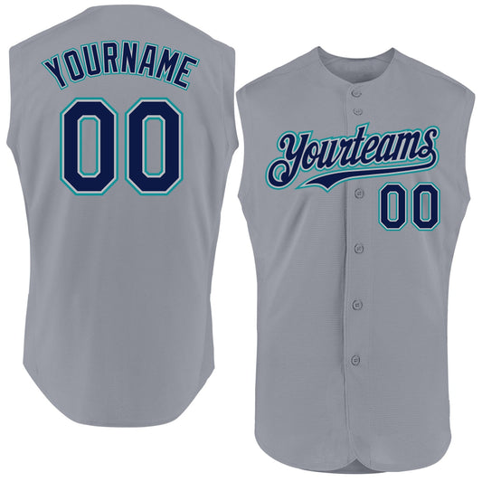 Custom Gray Navy-Teal Authentic Sleeveless Baseball Jersey - Sky-Custom