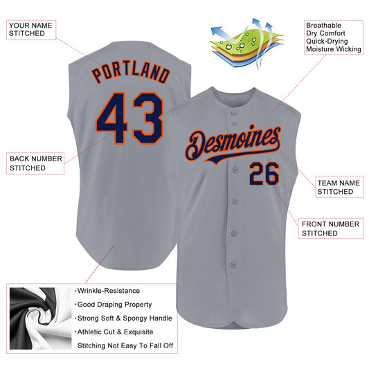 Custom Gray Navy-Orange Authentic Sleeveless Baseball Jersey - Sky-Custom
