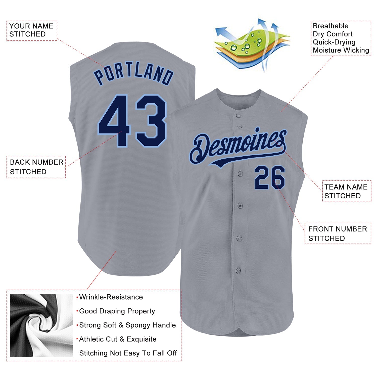 Custom Gray Navy-Light Blue Authentic Sleeveless Baseball Jersey - Sky-Custom