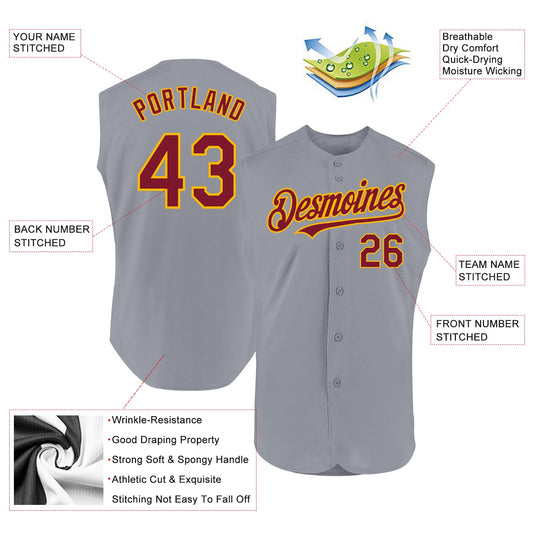 Custom Gray Crimson-Gold Authentic Sleeveless Baseball Jersey - Sky-Custom