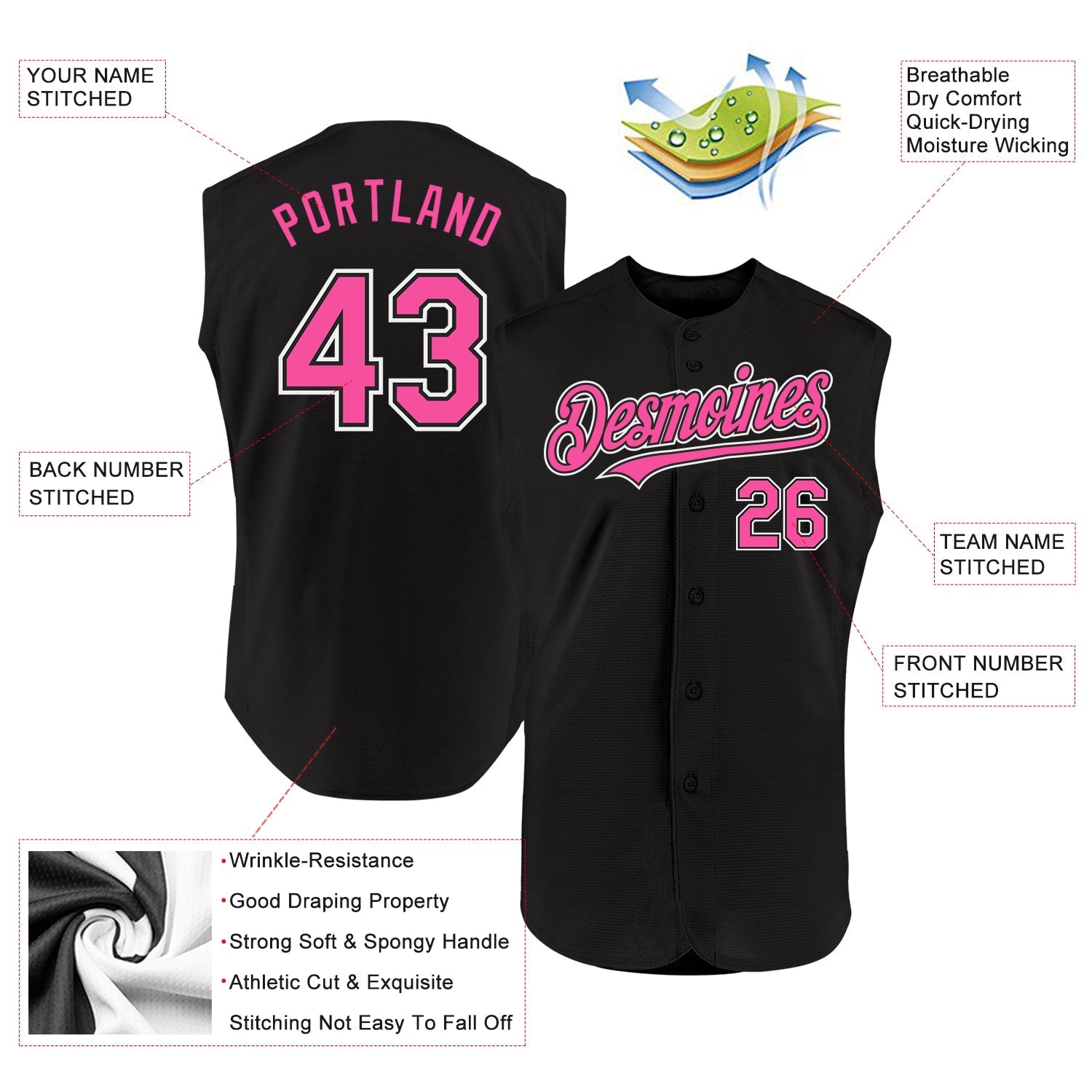 Custom Black Pink-White Authentic Sleeveless Baseball Jersey - Sky-Custom