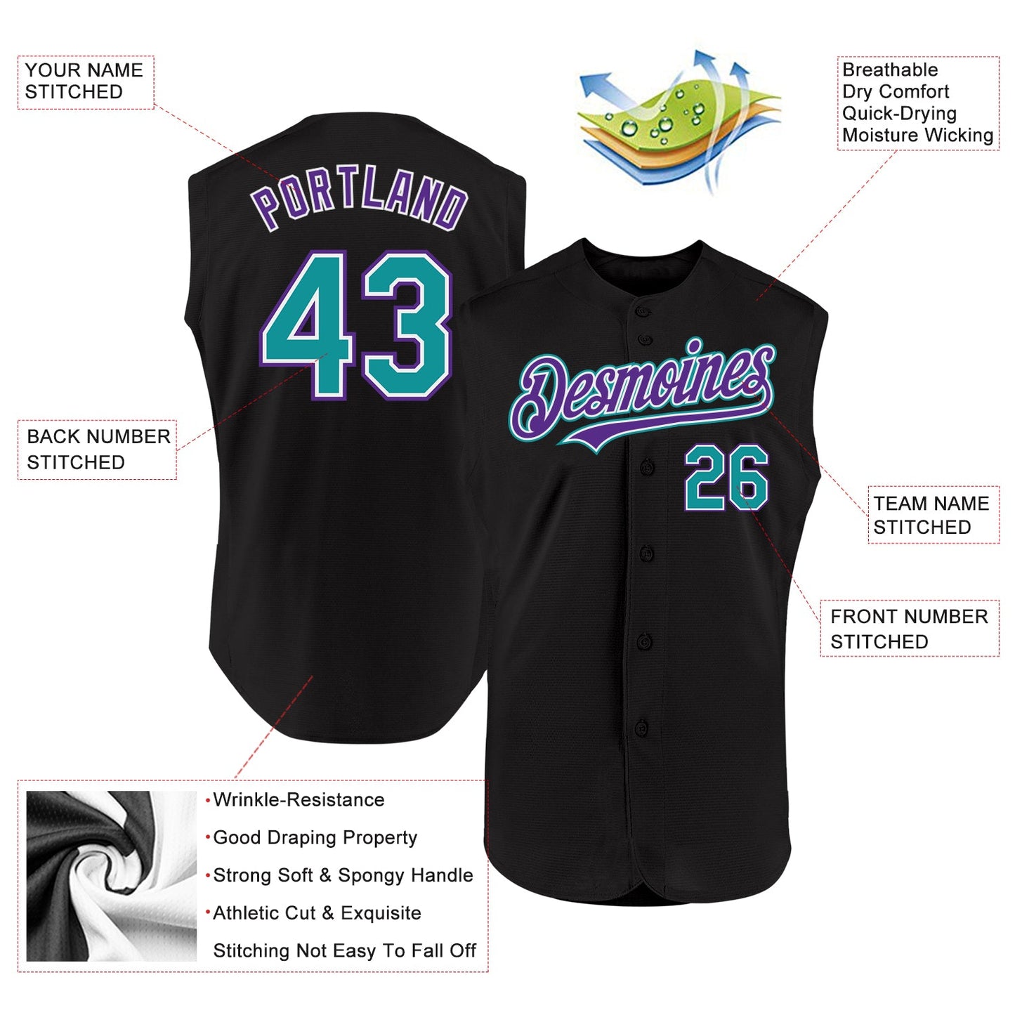 Custom Black Teal-Purple Authentic Sleeveless Baseball Jersey - Sky-Custom