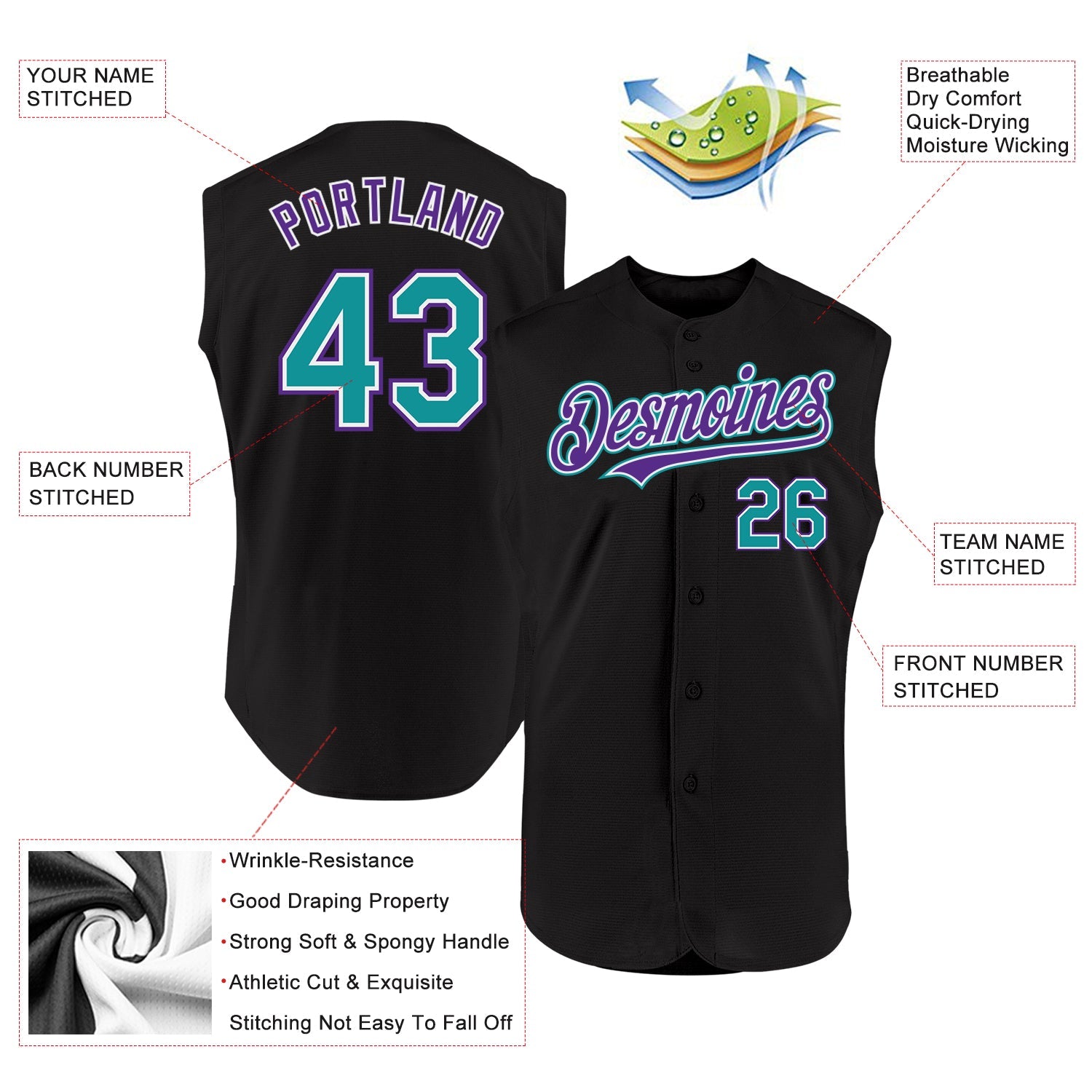 Custom Black Teal-Purple Authentic Sleeveless Baseball Jersey - Sky-Custom
