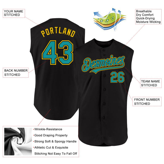 Custom Black Teal-Yellow Authentic Sleeveless Baseball Jersey - Sky-Custom
