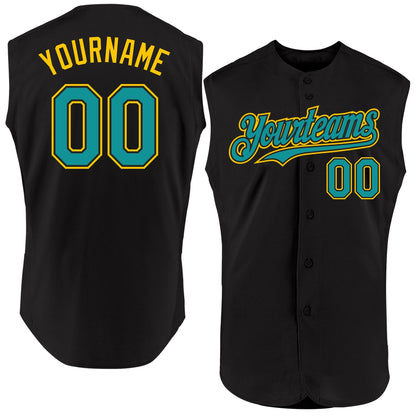 Custom Black Teal-Yellow Authentic Sleeveless Baseball Jersey - Sky-Custom