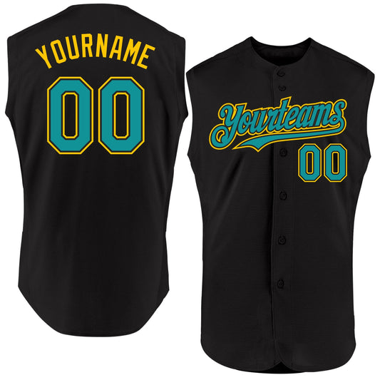Custom Black Teal-Yellow Authentic Sleeveless Baseball Jersey - Sky-Custom