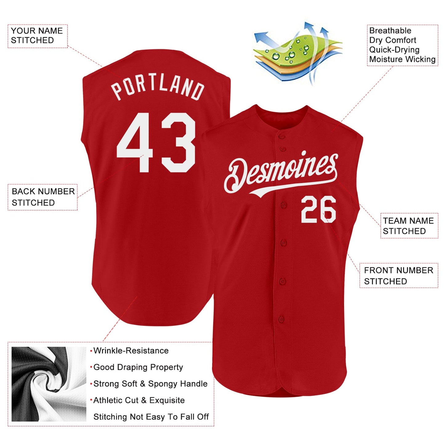 Custom Red White Authentic Sleeveless Baseball Jersey - Sky-Custom