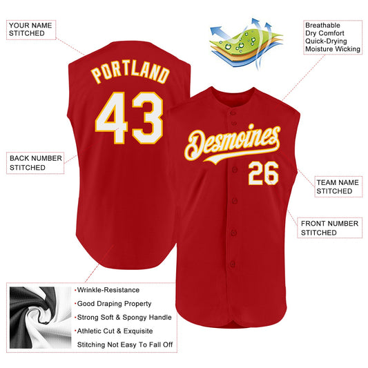 Custom Red White-Gold Authentic Sleeveless Baseball Jersey - Sky-Custom