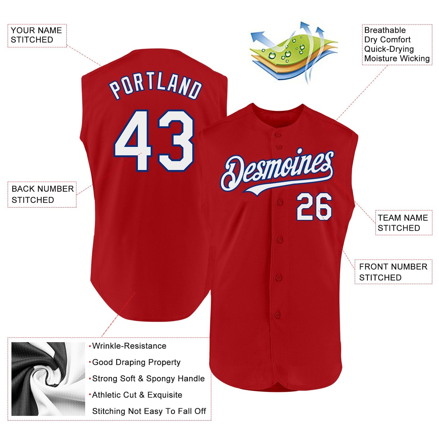 Custom Red White-Royal Authentic Sleeveless Baseball Jersey - Sky-Custom