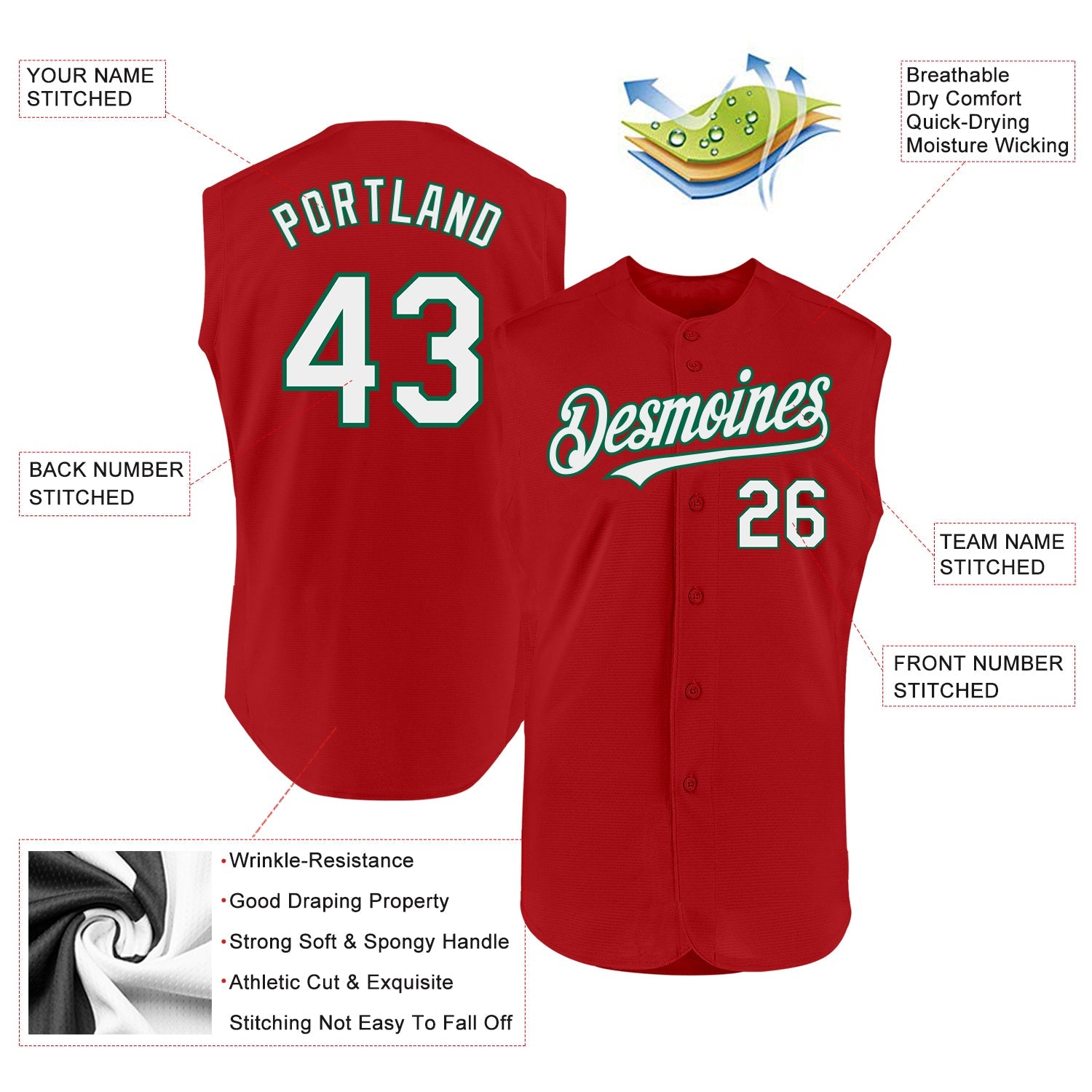 Custom Red White-Kelly Green Authentic Sleeveless Baseball Jersey - Sky-Custom