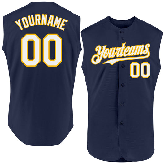 Custom Navy White-Gold Authentic Sleeveless Baseball Jersey - Sky-Custom