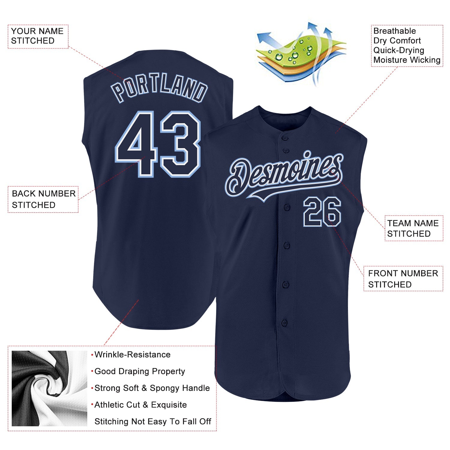 Custom Navy White-Light Blue Authentic Sleeveless Baseball Jersey - Sky-Custom