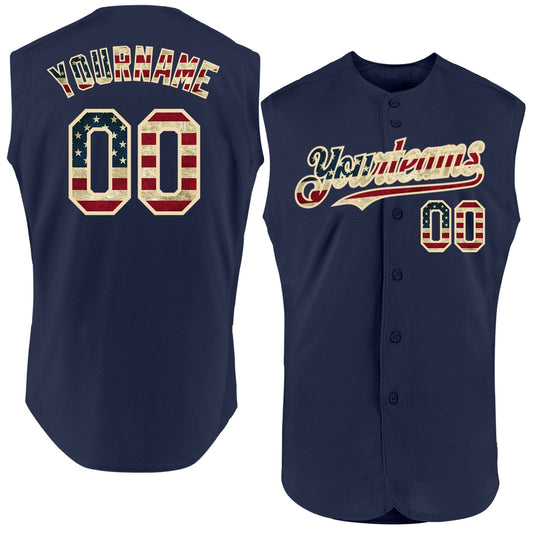 Custom Navy Vintage USA Flag-Cream Authentic Sleeveless Baseball Jersey - Sky-Custom