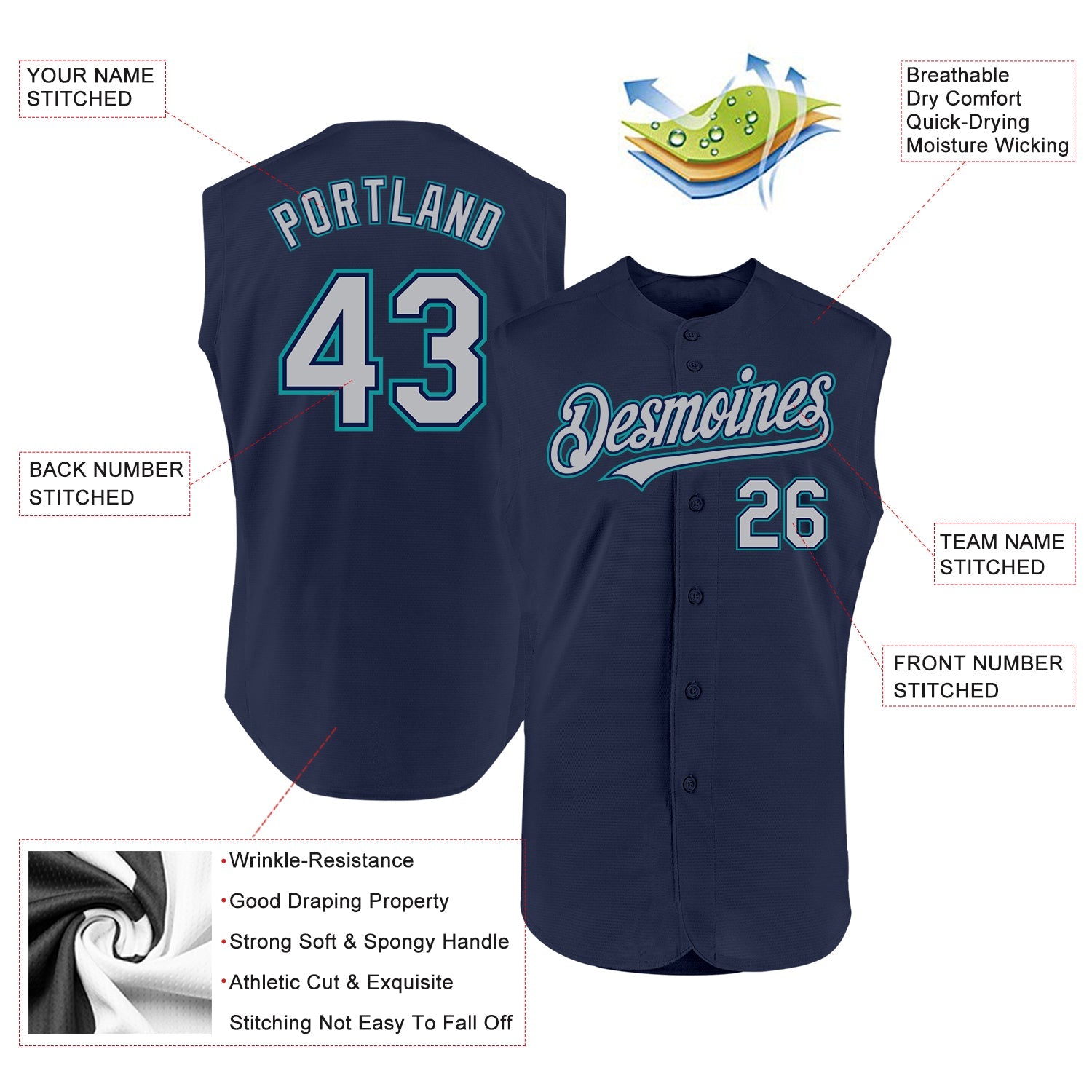 Custom Navy Gray-Teal Authentic Sleeveless Baseball Jersey - Sky-Custom