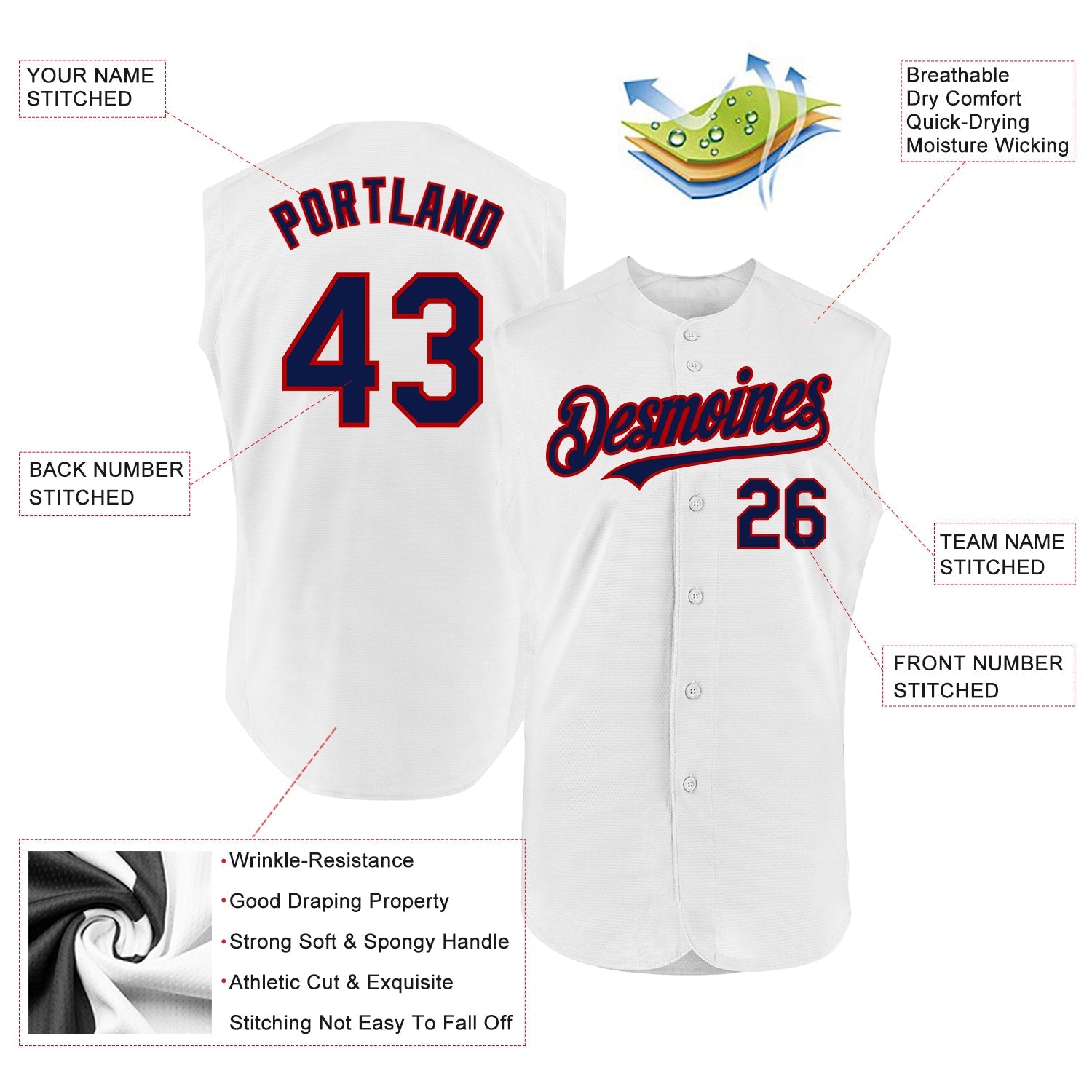 Custom White Navy-Red Authentic Sleeveless Baseball Jersey - Sky-Custom