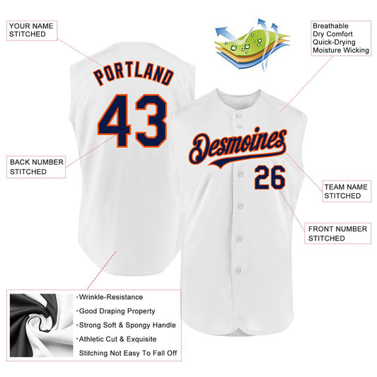 Custom White Navy-Orange Authentic Sleeveless Baseball Jersey - Sky-Custom
