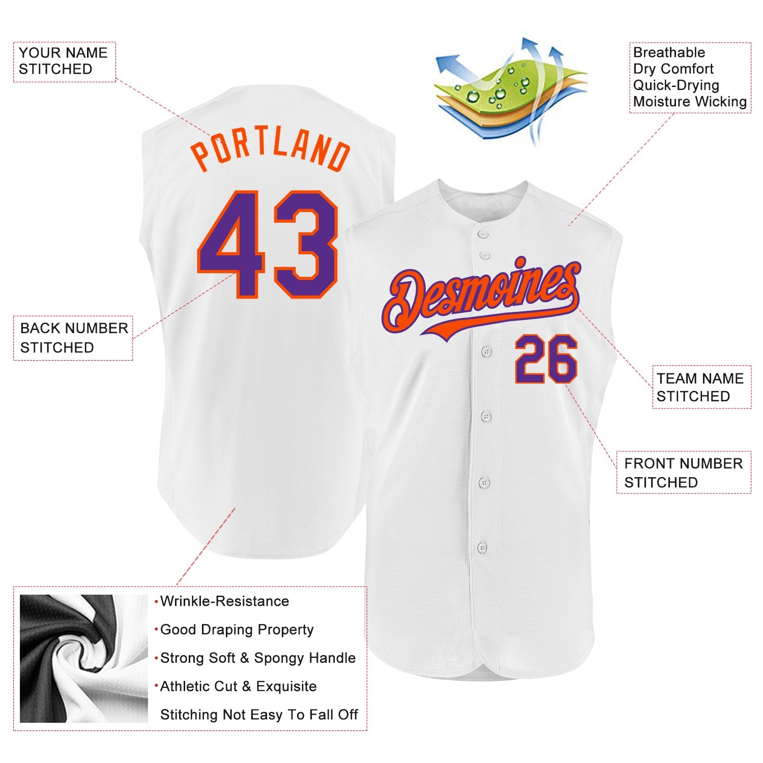 Custom White Purple-Orange Authentic Sleeveless Baseball Jersey - Sky-Custom