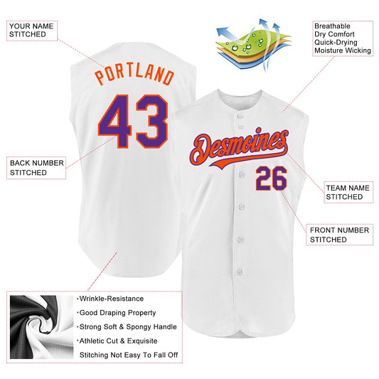 Custom White Purple-Orange Authentic Sleeveless Baseball Jersey - Sky-Custom