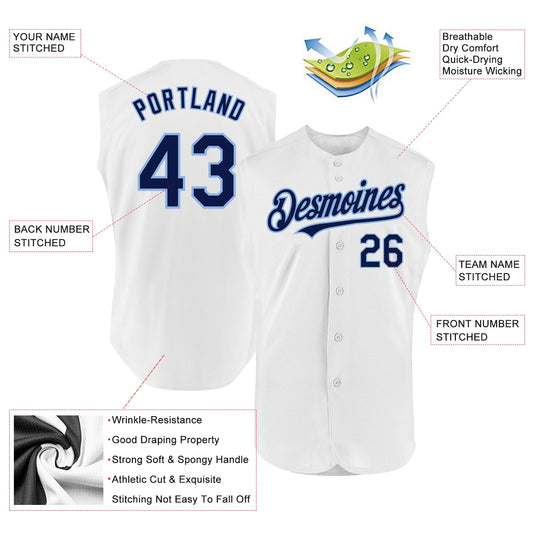Custom White Navy-Light Blue Authentic Sleeveless Baseball Jersey - Sky-Custom
