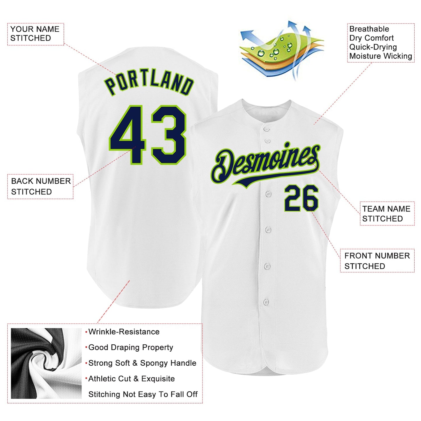 Custom White Navy-Neon Green Authentic Sleeveless Baseball Jersey - Sky-Custom