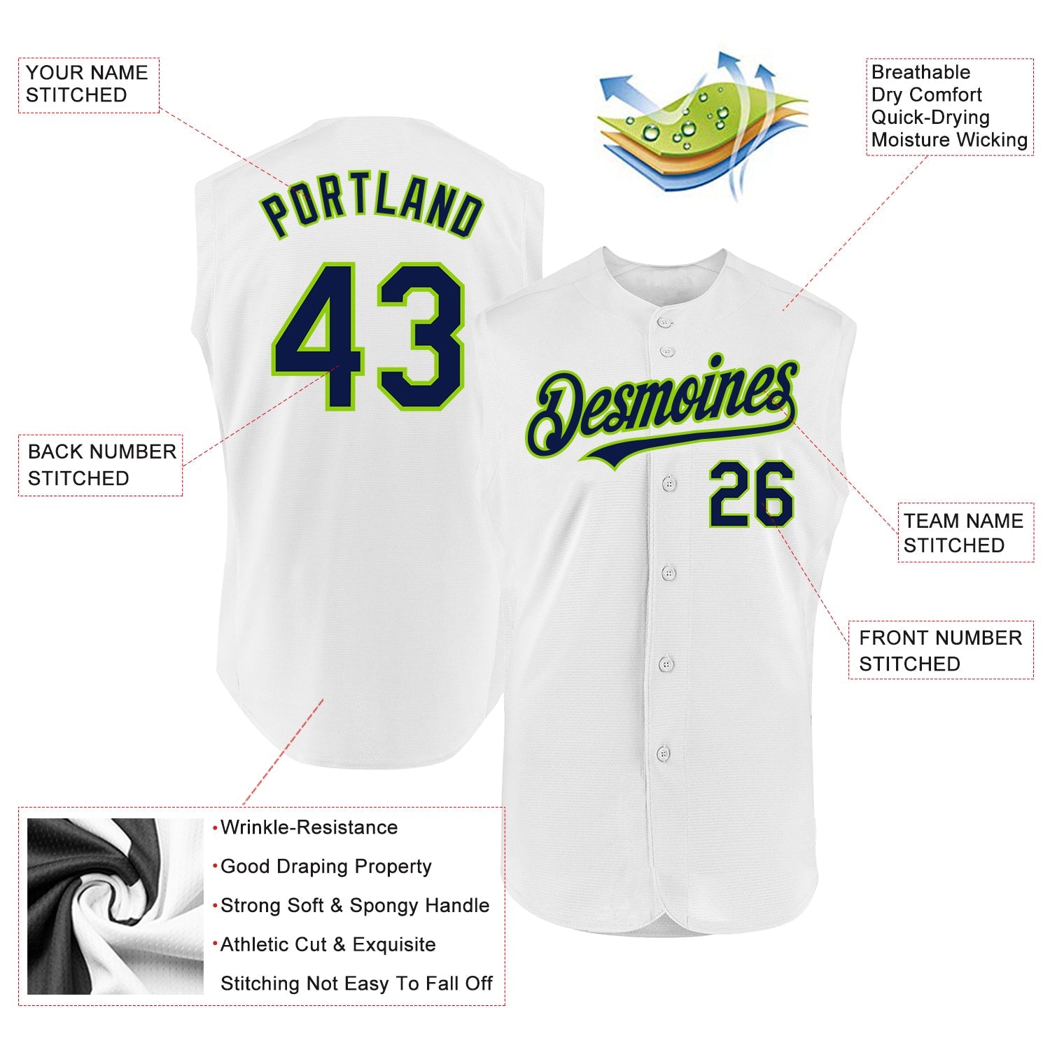 Custom White Navy-Neon Green Authentic Sleeveless Baseball Jersey - Sky-Custom
