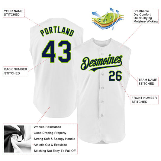 Custom White Navy-Neon Green Authentic Sleeveless Baseball Jersey - Sky-Custom