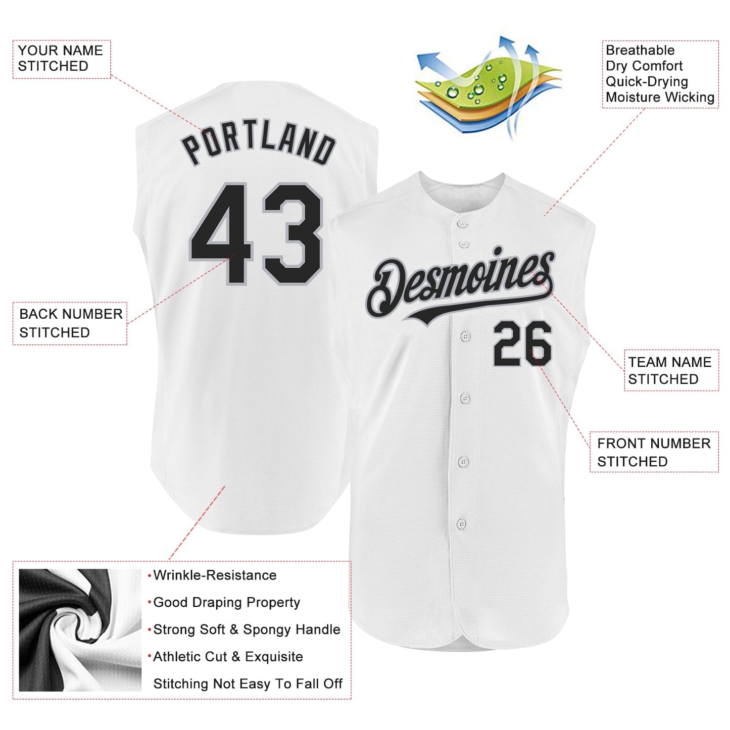 Custom White Black-Gray Authentic Sleeveless Baseball Jersey - Sky-Custom