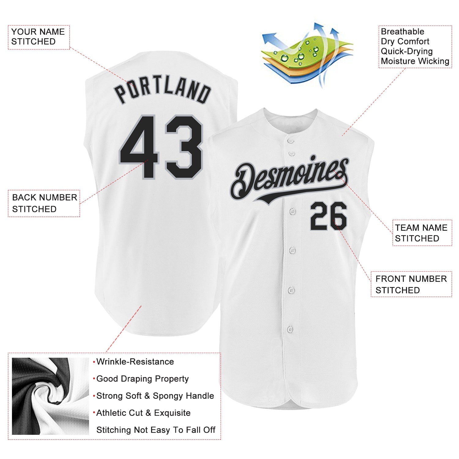Custom White Black-Gray Authentic Sleeveless Baseball Jersey - Sky-Custom