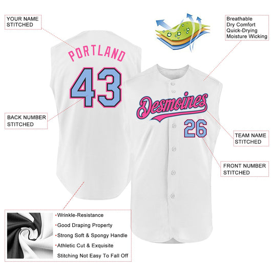 Custom White Light Blue Black-Pink Authentic Sleeveless Baseball Jersey - Sky-Custom