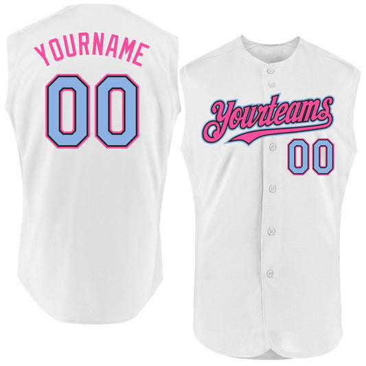 Custom White Light Blue Black-Pink Authentic Sleeveless Baseball Jersey - Sky-Custom