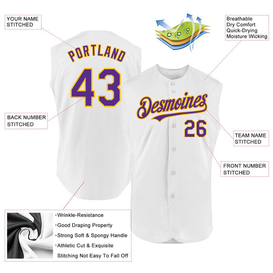 Custom White Purple-Gold Authentic Sleeveless Baseball Jersey - Sky-Custom