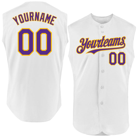 Custom White Purple-Gold Authentic Sleeveless Baseball Jersey - Sky-Custom