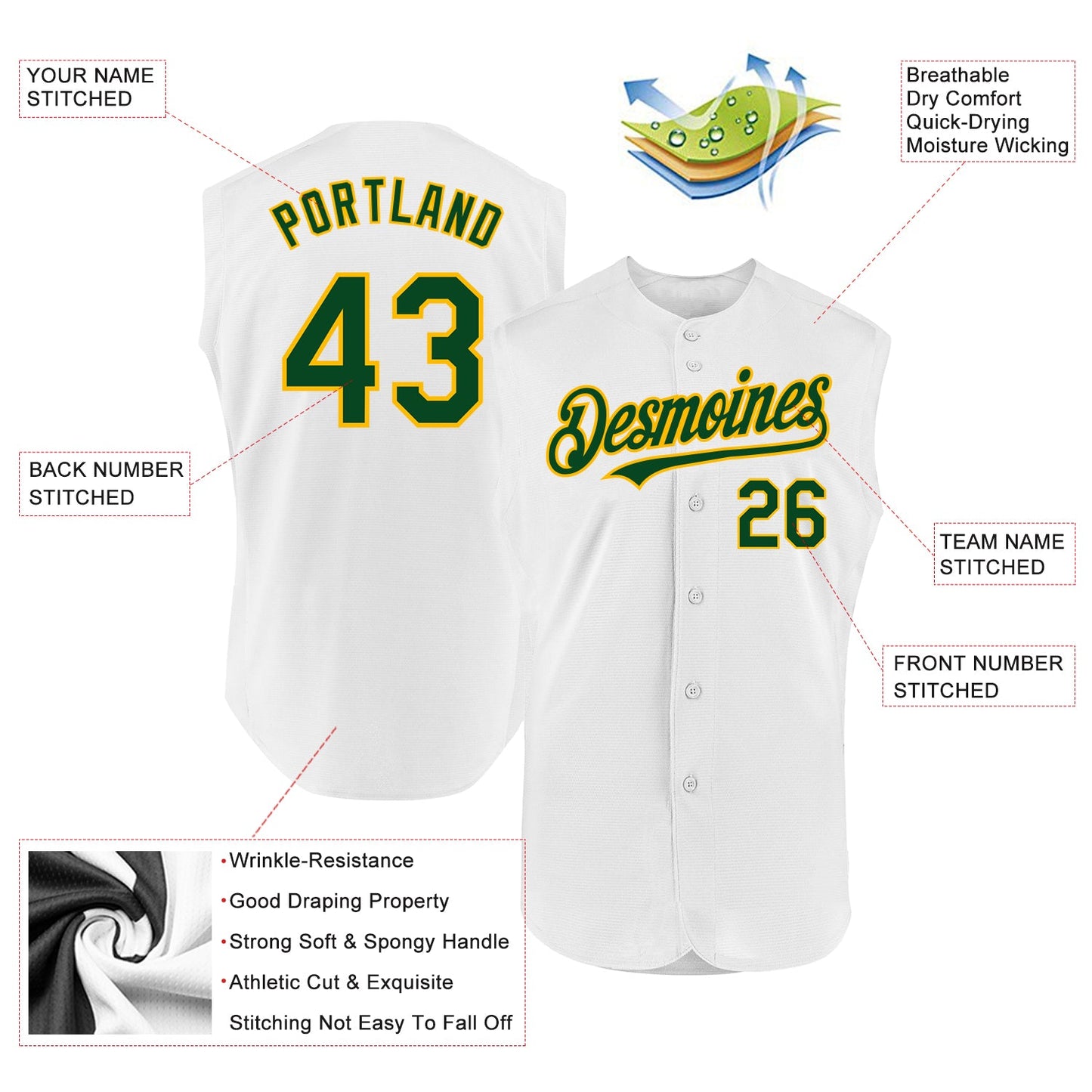 Custom White Green-Gold Authentic Sleeveless Baseball Jersey - Sky-Custom