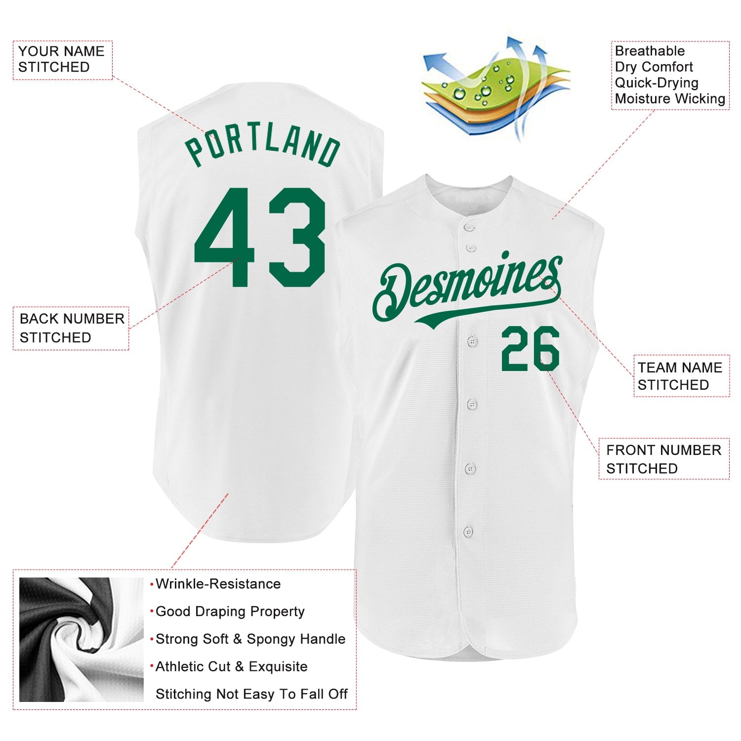 Custom White Kelly Green Authentic Sleeveless Baseball Jersey - Sky-Custom
