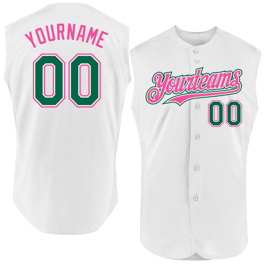 Custom White Kelly Green-Pink Authentic Sleeveless Baseball Jersey - Sky-Custom