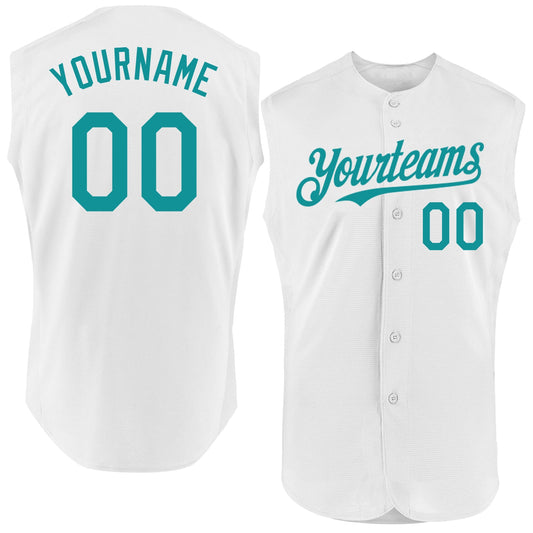 Custom White Teal Authentic Sleeveless Baseball Jersey - Sky-Custom