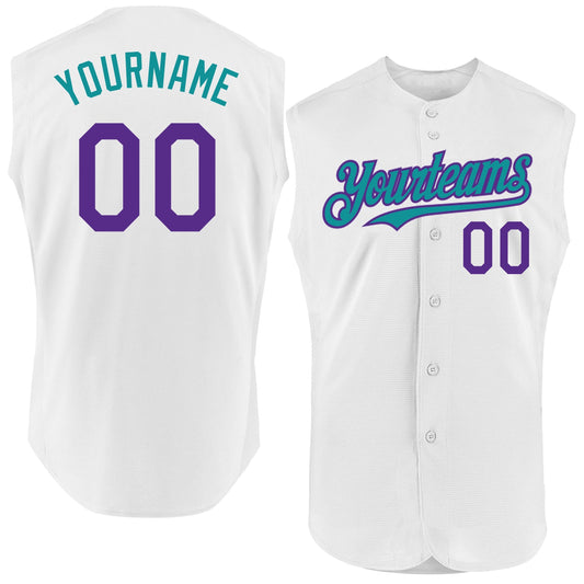 Custom White Purple-Teal Authentic Sleeveless Baseball Jersey - Sky-Custom